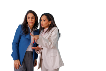Two businesswomen discussing, gossiping, and pointing, sharing secrets or information, transparent background