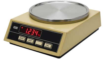 Retro electronic weighing scale isolated on white background representing early digital measurement technology, classic retail equipment, industrial weighing systems and vintage electronic instruments