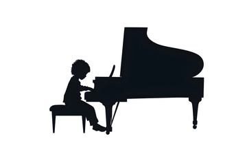 Piano Silhouette: A young child focuses intensely, playing a grand piano with passion, bringing music to life through the touch of their fingers on the keys.