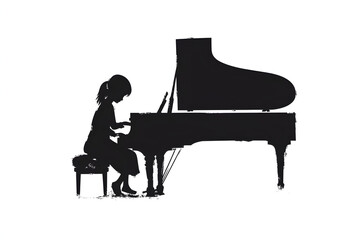 Musical Silhouette: A young musician pouring their heart into the keys of an elegant grand piano, immersed in the world of music.