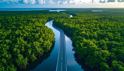 Aerial View of Winding River Through Lush Green Mangrove Forest Under Blue Sky.