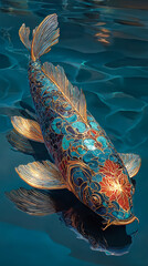 Artistic representation of a koi fish with intricate, ornate patterns swimming in shimmering blue water.