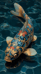 An intricately designed koi fish with elaborate golden patterns swimming gracefully in shimmering dark waters.