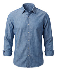 Medium blue cotton chambray shirt with roll-up sleeves and snap buttons.