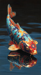 Artistic koi fish depicted with intricate, colorful patterns swimming in water with a beautifully detailed reflection below.