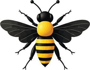 Vector art of a textured, stylized bee with dark wings is presented from a topdown perspective, isolated on white background