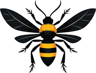 Vector art of a stylized bee featuring dark, textured wings is displayed from a top view, isolated on white background