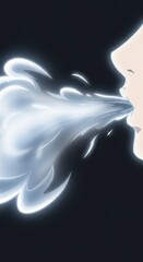 Profile view illustrates a forceful exhalation of frosty air against a dark background