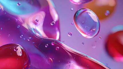 Vibrant colorful bubbles floating in mid-air on purple background