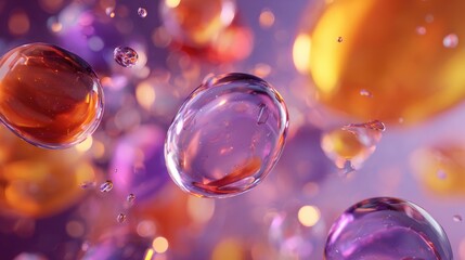 Vibrant translucent bubbles floating in colorful bokeh light