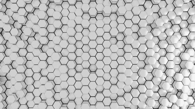 White 3d hexagon pattern up and down motion background. Monochrome honeycomb shapes movement. Top view of a polygon geometric forms.