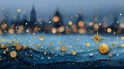 Magical winter scene with golden sparkles and snowflakes falling over a starlit, snowy landscape and blurred forest background.