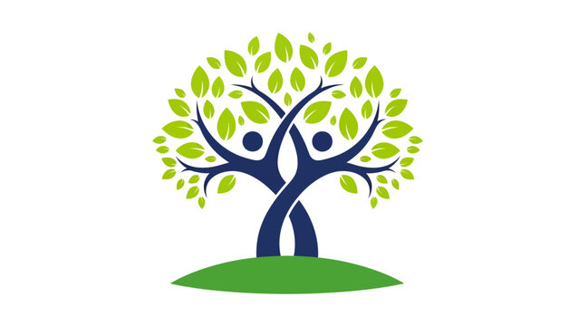 Stylized tree logo featuring two abstract human figures forming the trunk on a green hill, symbolizing growth, unity, community, nature, and sustainability