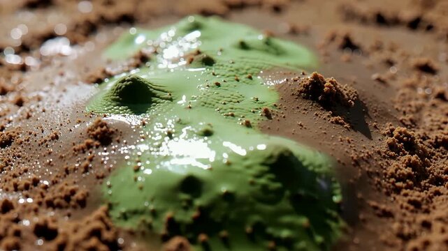 Green Slime Trail on Dusty Ground Creates Irregular Pattern.