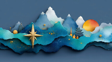 Abstract artistic representation of a layered landscape with mountains, a sun, and a compass, using a blue and gold color scheme.