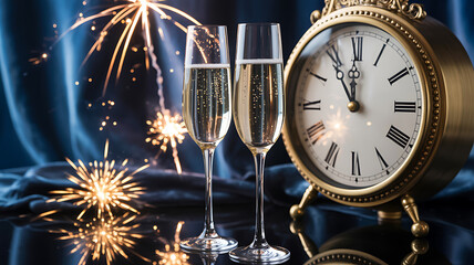 Two champagne flutes with golden clock and fireworks on dark blue background glasses