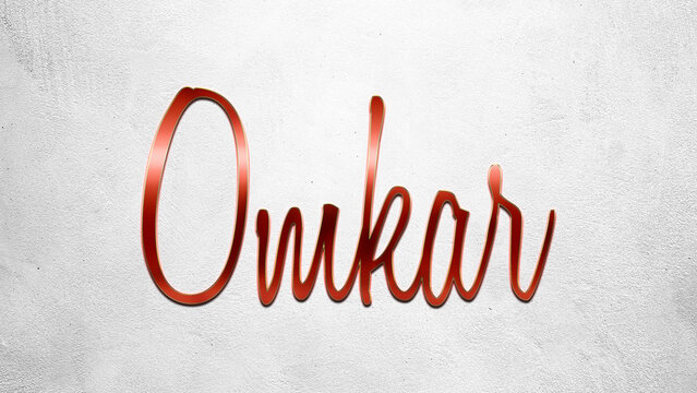 Red 3D text effect of Hindi name Omkar on silver background.