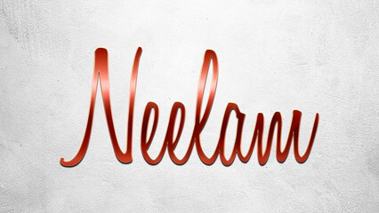 Red 3D text effect of Hindi name Neelam on silver background.