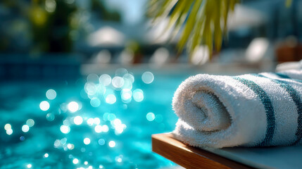 Striped beach towel and straw hat placed on poolside lounger with sparkling turquoise water in luxury resort setting