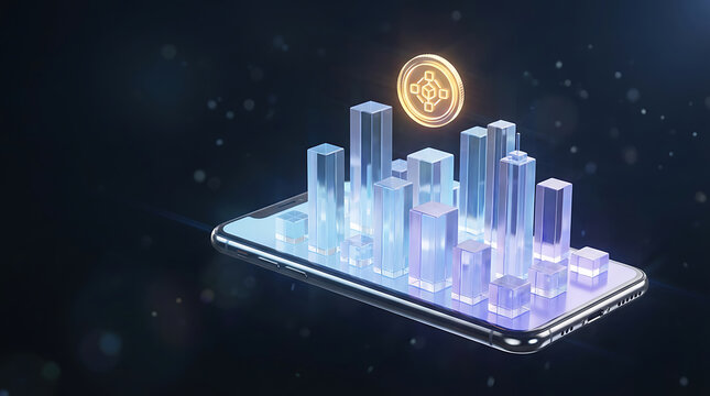 Futuristic smartphone showing 3D financial analytics and digital asset growth - Powered by Adobe