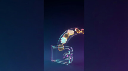 Digital coins flowing into a transparent wallet, symbolizing secure financial accumulation