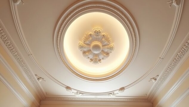 Ornate white ceiling with a central illuminated medallion featuring intricate classical carvings and decorative moldings