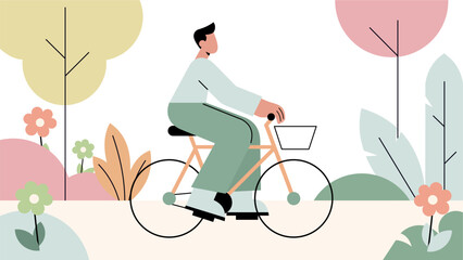 Man Cycling in Spring Park Modern Flat Vector Illustration