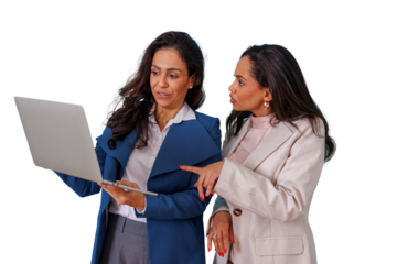 Diverse businesswomen collaborating on laptop, discussing project, teamwork and partnership, professional colleagues working