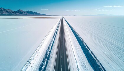 Endless Road Through Vast Snow-Covered Landscape Under Clear Blue Sky.