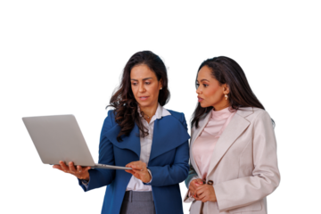 Two businesswomen discussing project ideas and collaborating on a laptop, standing with transparent background