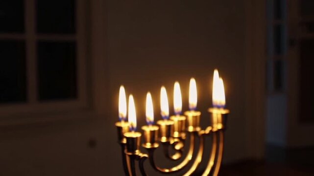 Forth night of Hanukka marked by the four lit candles and shamash in the menorah
