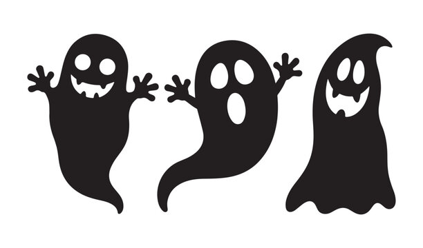 Spooky Halloween black ghost icons with different funny expressions on white background, vector illustration.