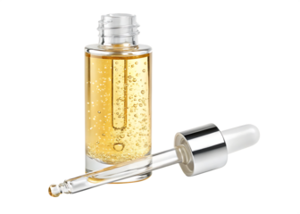 Clear glass dropper bottle with golden serum isolated on white background
