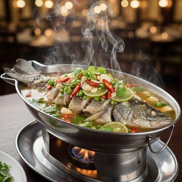Steamed Sea Bass with Lime and Garlic in fish shaped hot pot Pla Kapong Neung Manao