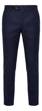Navy slim-fit tailored trousers with a hook-and-eye closure.