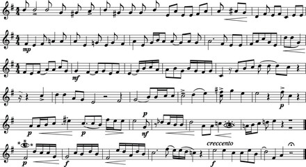 "Sheet music vector with treble clef, dynamics, articulations, expressive markings in G major for musical design" 