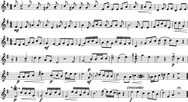 "Sheet music vector with treble clef, dynamics, articulations, expressive markings in G major for musical design" 