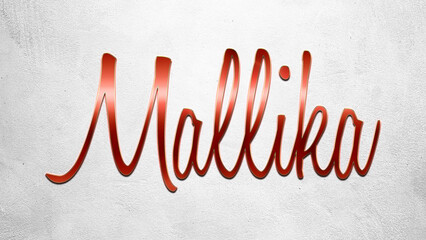 Red 3D text effect of Hindi name Mallika on silver background.