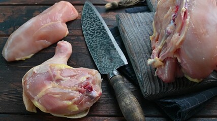 Preparing raw chicken for cooking in a kitchen setting with fresh ingredients and tools
