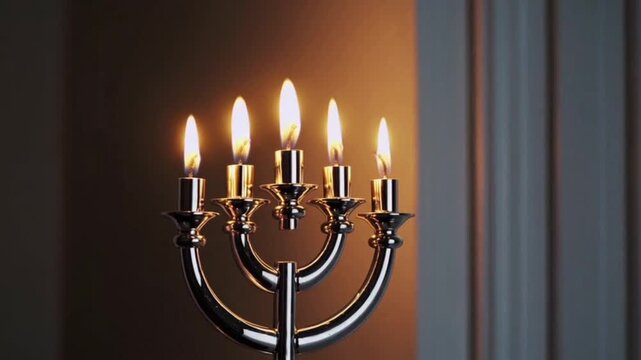 Four candles and the Shamash candle burning in the Menorah during Jewish Hanukkah
