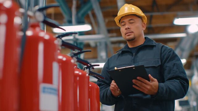 2Worker in a bright hard hat examining a neatly aligned row of red fire extinguishers in an industrial hallway, clipboard in hand, metallic walls reflecting safety lights