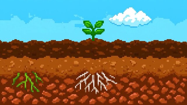 Pixelated image of a growing plant, depicting the process from roots to budding leaves under a blue sky