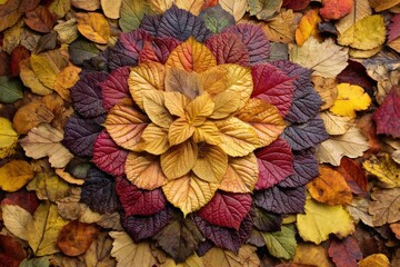 Fototapeta premium Varied autumn leaves arranged in a symmetrical circular pattern, showcasing different colors like gold, red, purple, and brown. The arrangement highlights the diverse textures of the leaves