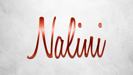 Red 3D text effect of Hindi name Nalini on silver background.