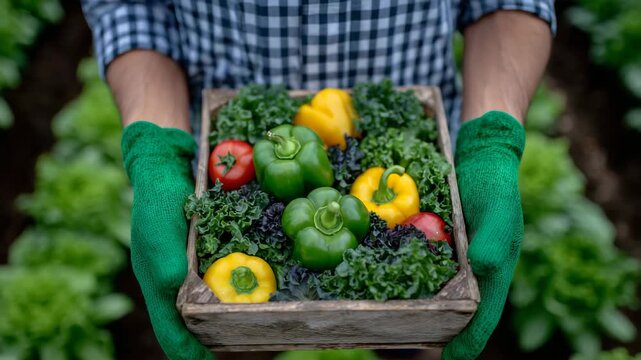 3Top-down view of hands in green gloves holding wooden box packed with farm-fresh vegetables, bell peppers, zucchini, and assorted greens arranged in colorful, visually pleasing pat