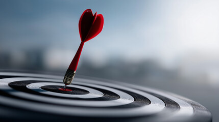 Ultra-realistic 4K conceptual achievement scene showing a red dart perfectly embedded in the exact center of a black-and-white bullseye dartboard, captured in sharp focus at the de