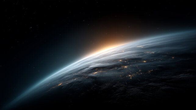 Ultra-realistic 4K orbital view of Planet Earth at the edge of space, captured during nighttime; the planet&acirc;s curved horizon is visible with a thin blue atmospheric glow fading int