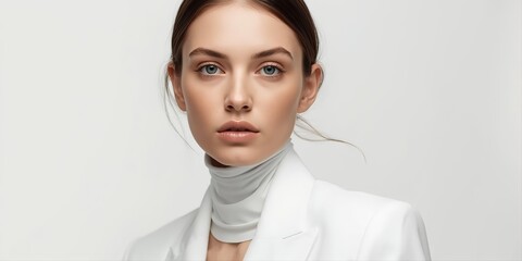 Cloud Dancer 2026 clean beauty portrait with natural makeup and minimalist aesthetic. Contemporary skincare concept perfect for cosmetic campaigns, beauty brands, wellness marketing materials.