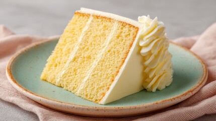A beautifully cut slice of cake showcases smooth, creamy buttercream layers. The pastel plate adds a touch of elegance, enhancing the dessert's inviting appearance