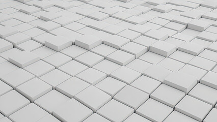 White 3D Cube Grid with Varying Heights, Geometric Pattern for and Technology Concepts